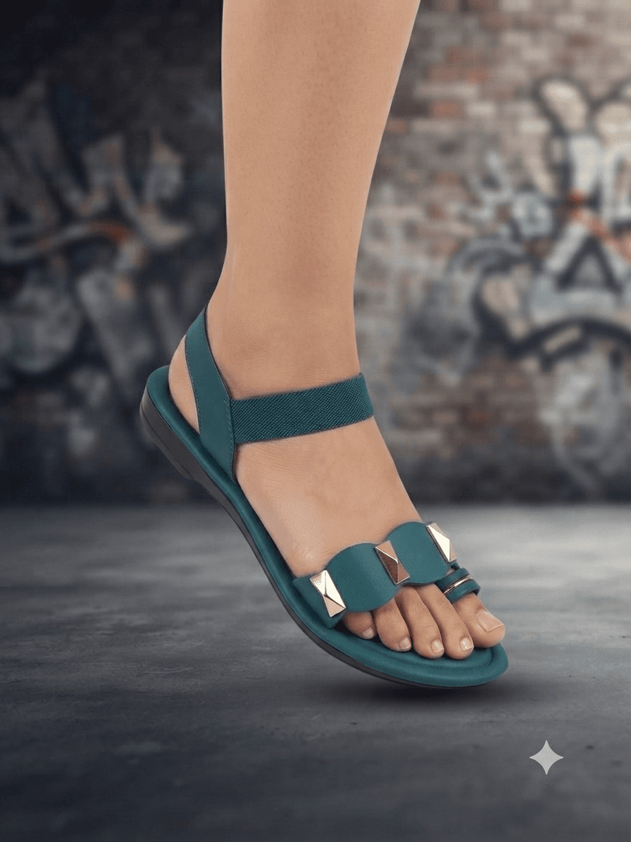 Women’s Teal Blue Strappy Flat Sandals with Gold Stud Accent